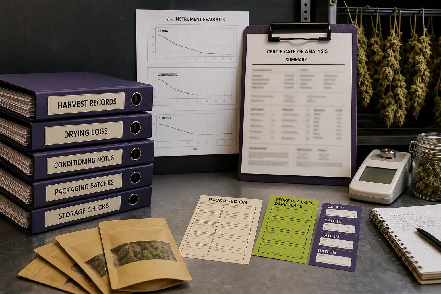 Picture of organized batch records: harvest log, a_w printouts, COA sheets, and dated packaging labels
