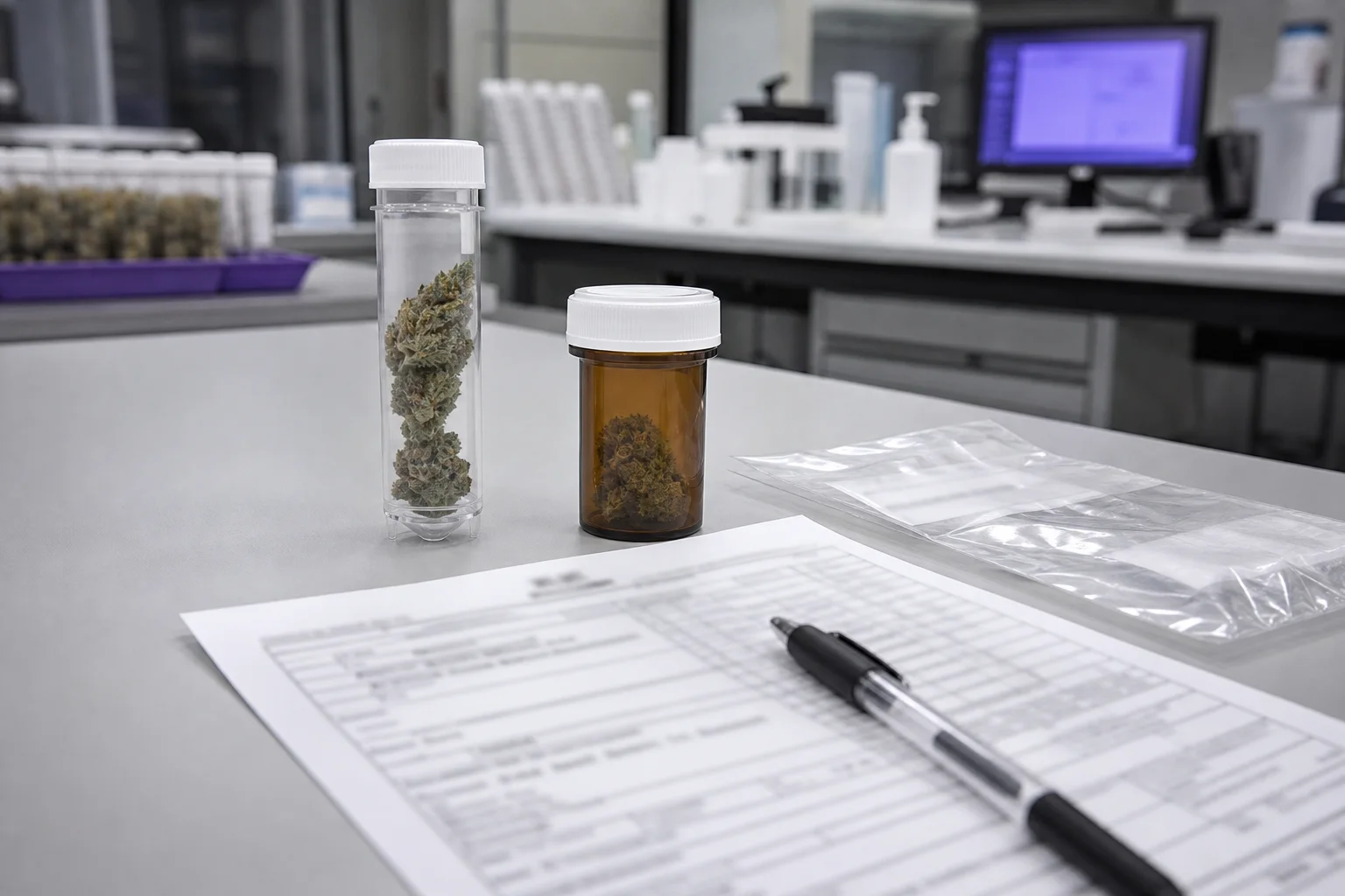 Evidence photo of a lab sample kit with chain-of-custody manifest (blurred text)