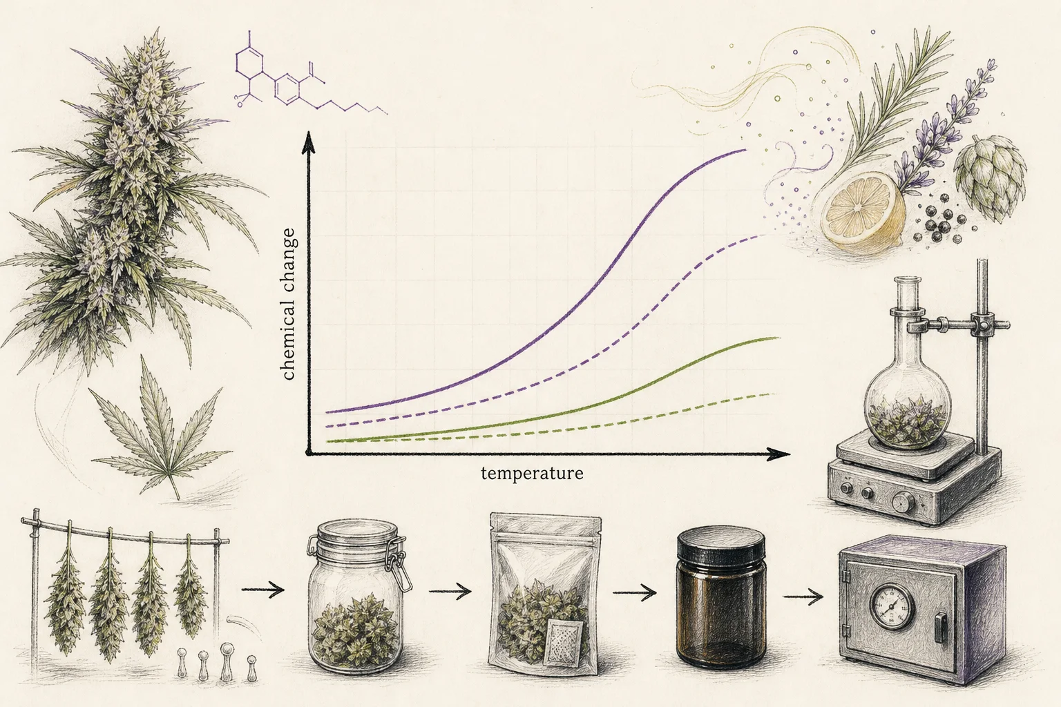 Kinetic chart concept showing temperature vs. cannabinoid change (non-numeric)
