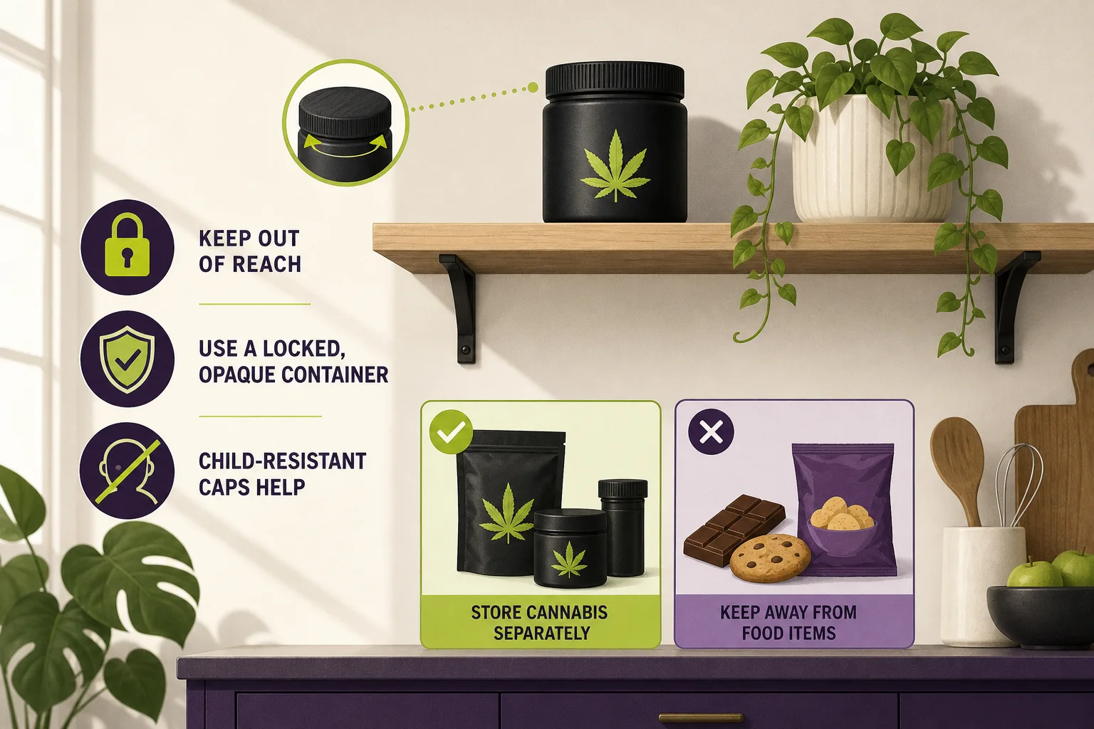 Consumer-safety storage diagram: locked container, child-resistant cap, separation from food