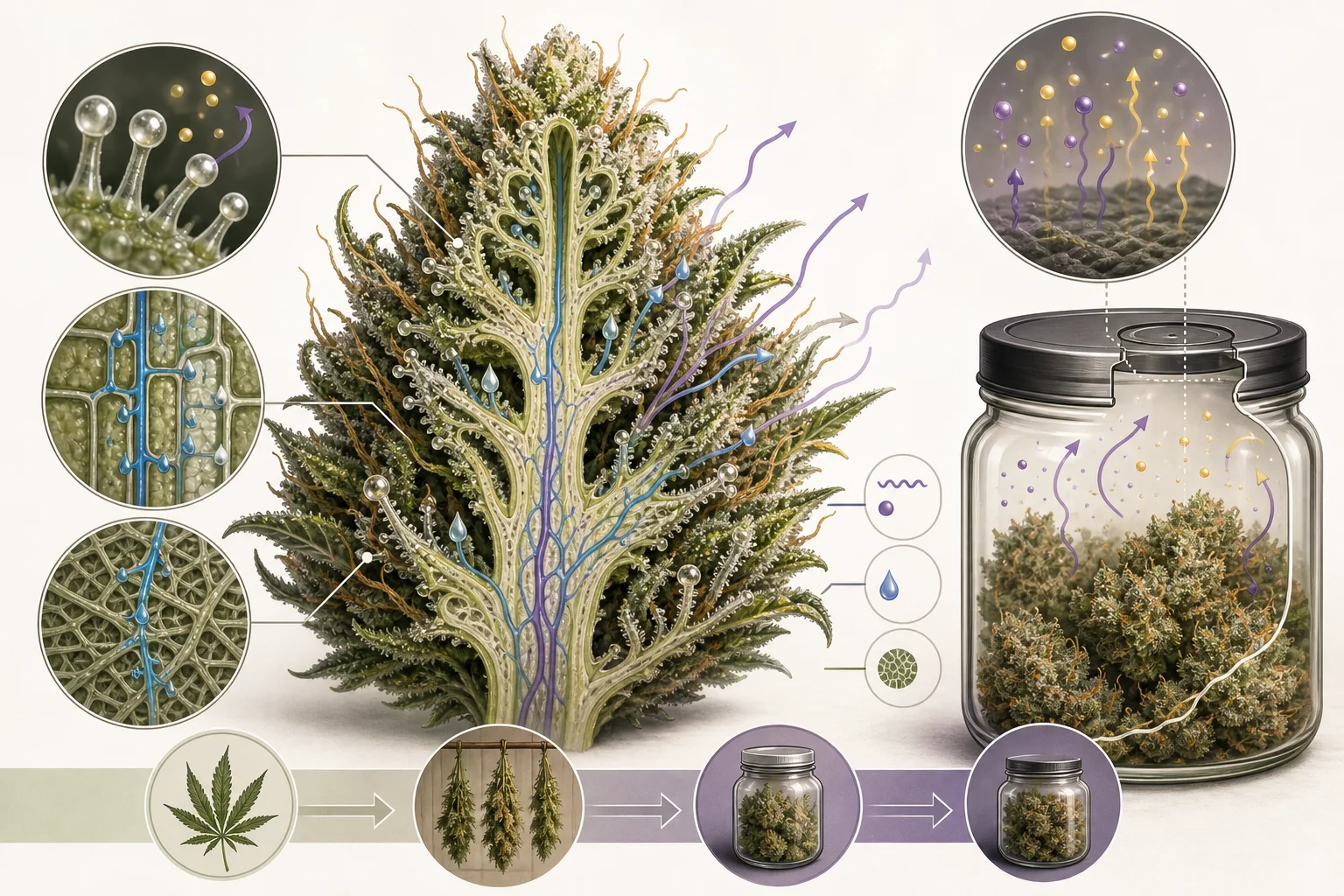 Diagram of moisture movement and volatile loss in a cannabis bud during drying and curing