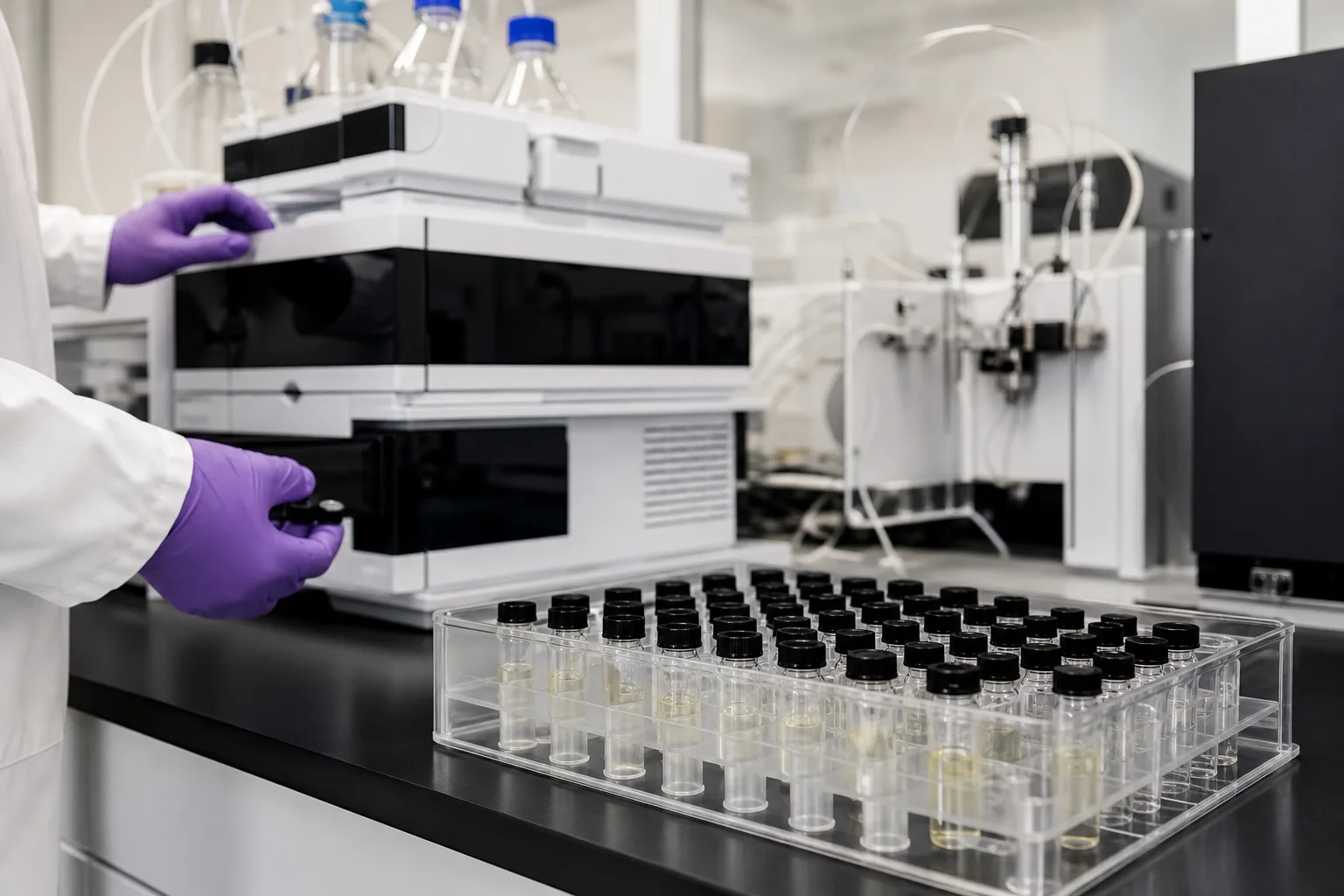 Photograph of a certified testing lab bench with HPLC instrument in the background and a labeled sample tray in the foreground.