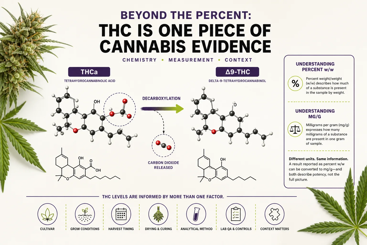Exploded diagram showing how a lab converts THCa measurements into total Δ9‑THC on a percent basis.