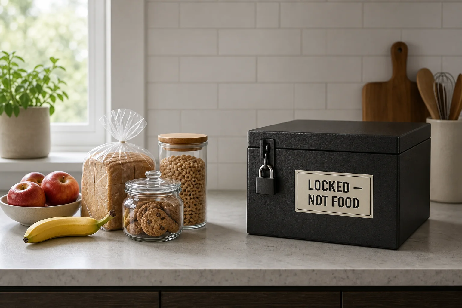 A staged domestic kitchen scene with clearly segregated edible storage in a locked container away from food.