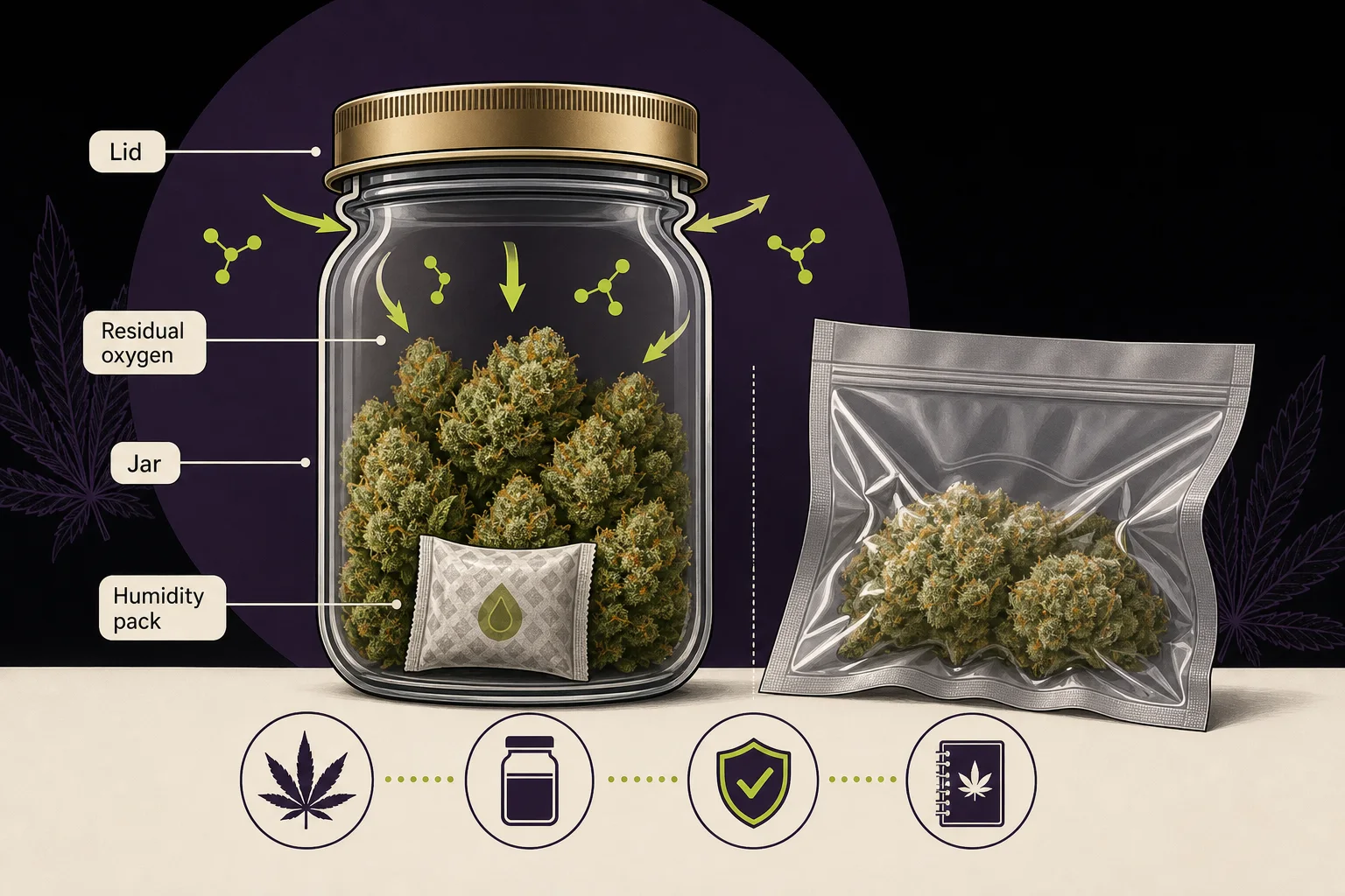 An explanatory illustration of moisture and oxygen pathways in a sealed jar and humidity pack.