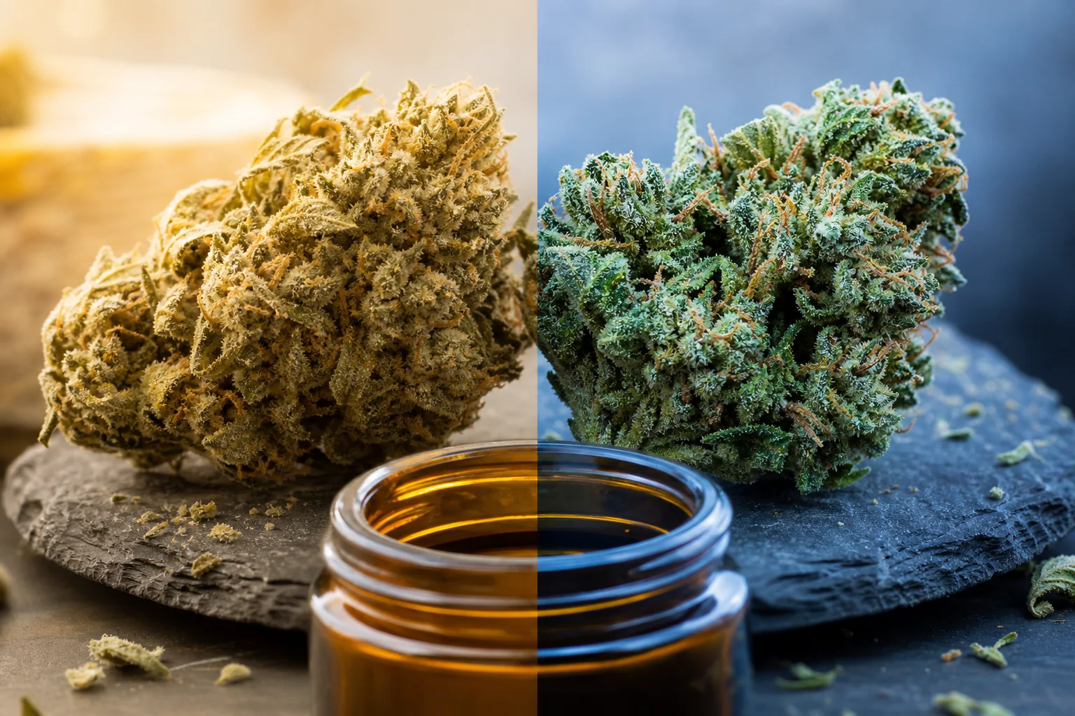 Lab chromatogram concept and an opened jar showing two flower buds under macro light.