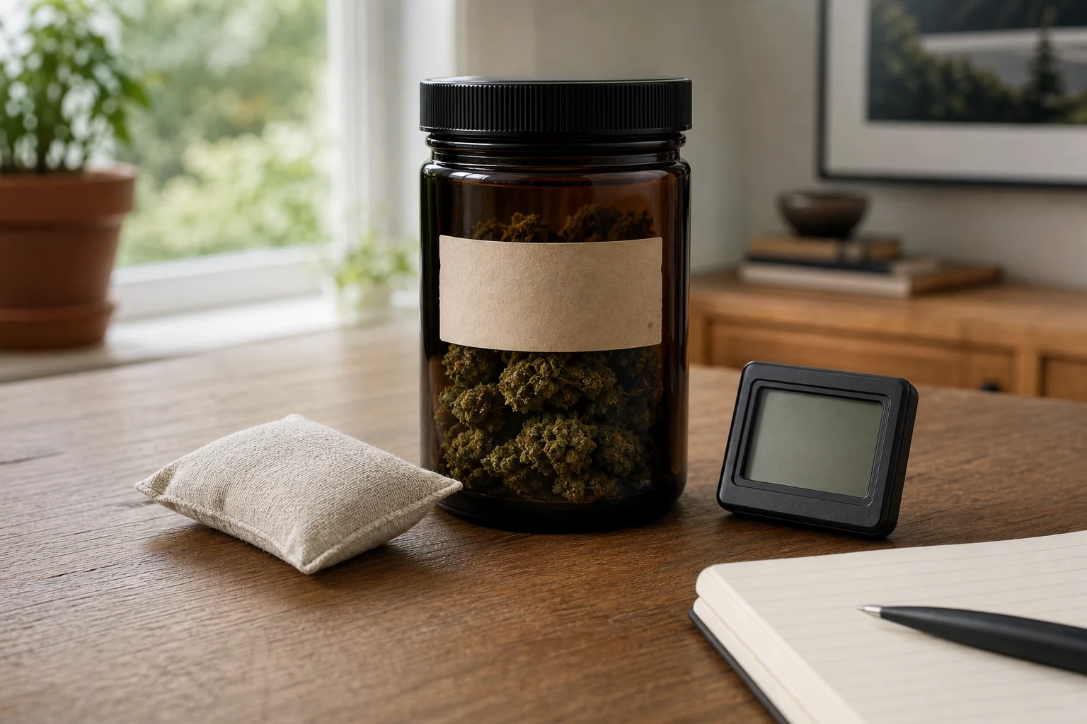 Photograph of a sealed jar opened to show a small, labeled humidity pack and a digital hygrometer beside it.