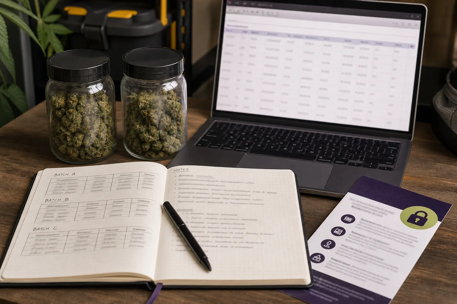 Photograph of a grower’s notebook and spreadsheet printout showing batch rows (non-readable) next to jars; small printed OCP rack card beside them.