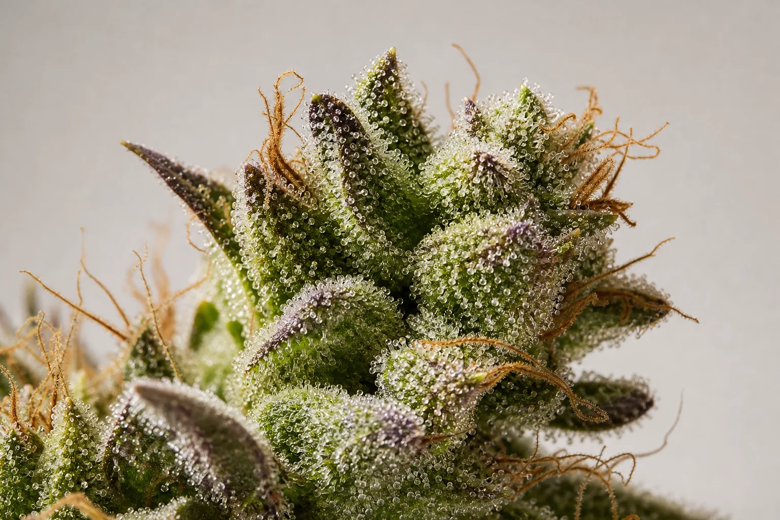 Macro botanical photograph of trichomes and glandular structures on a cannabis flower with side lighting illustrating fragile resin heads.
