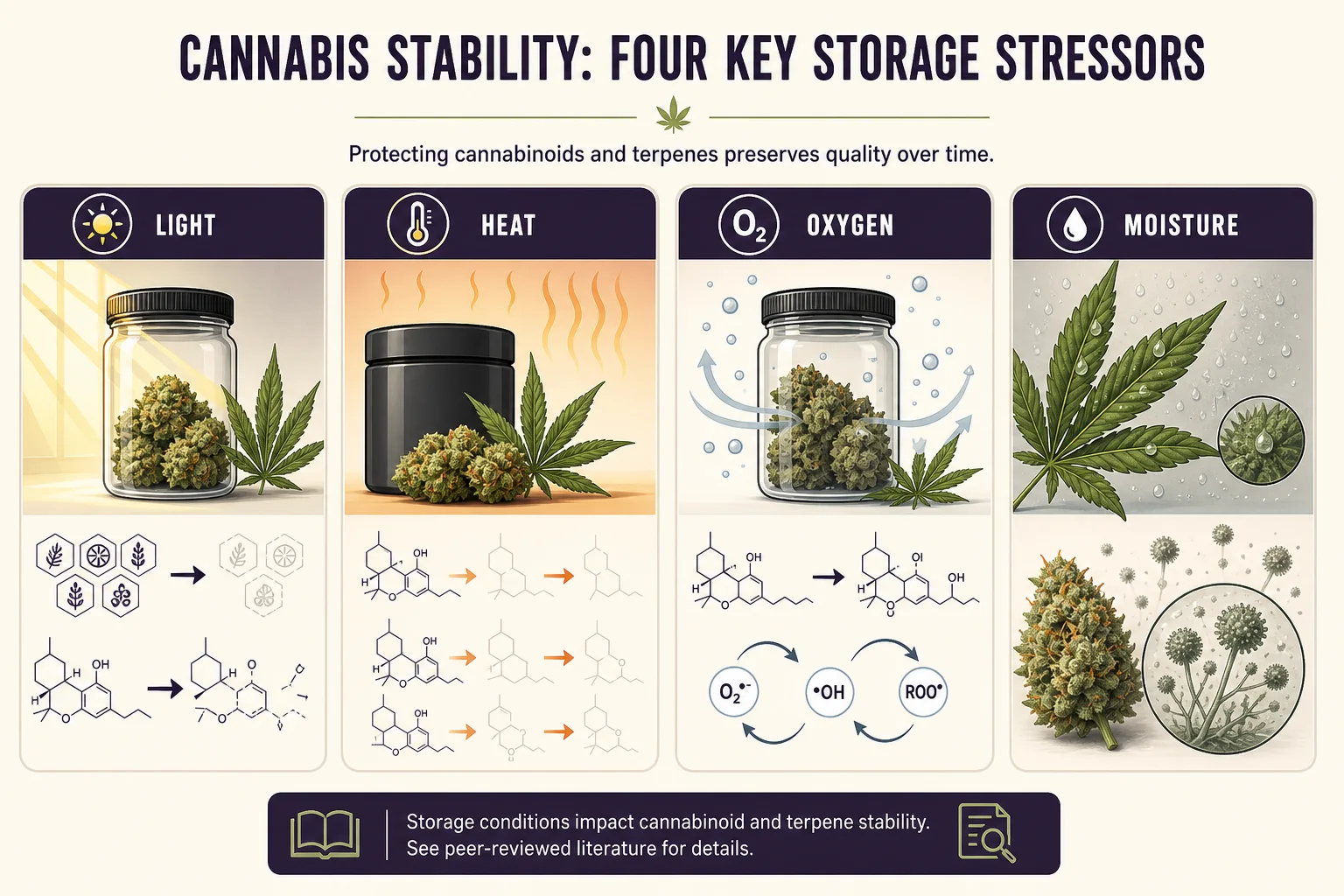 Illustration diagram of how light, heat, oxygen, and moisture affect cannabinoids and terpenes over time (conceptual, non-numeric).