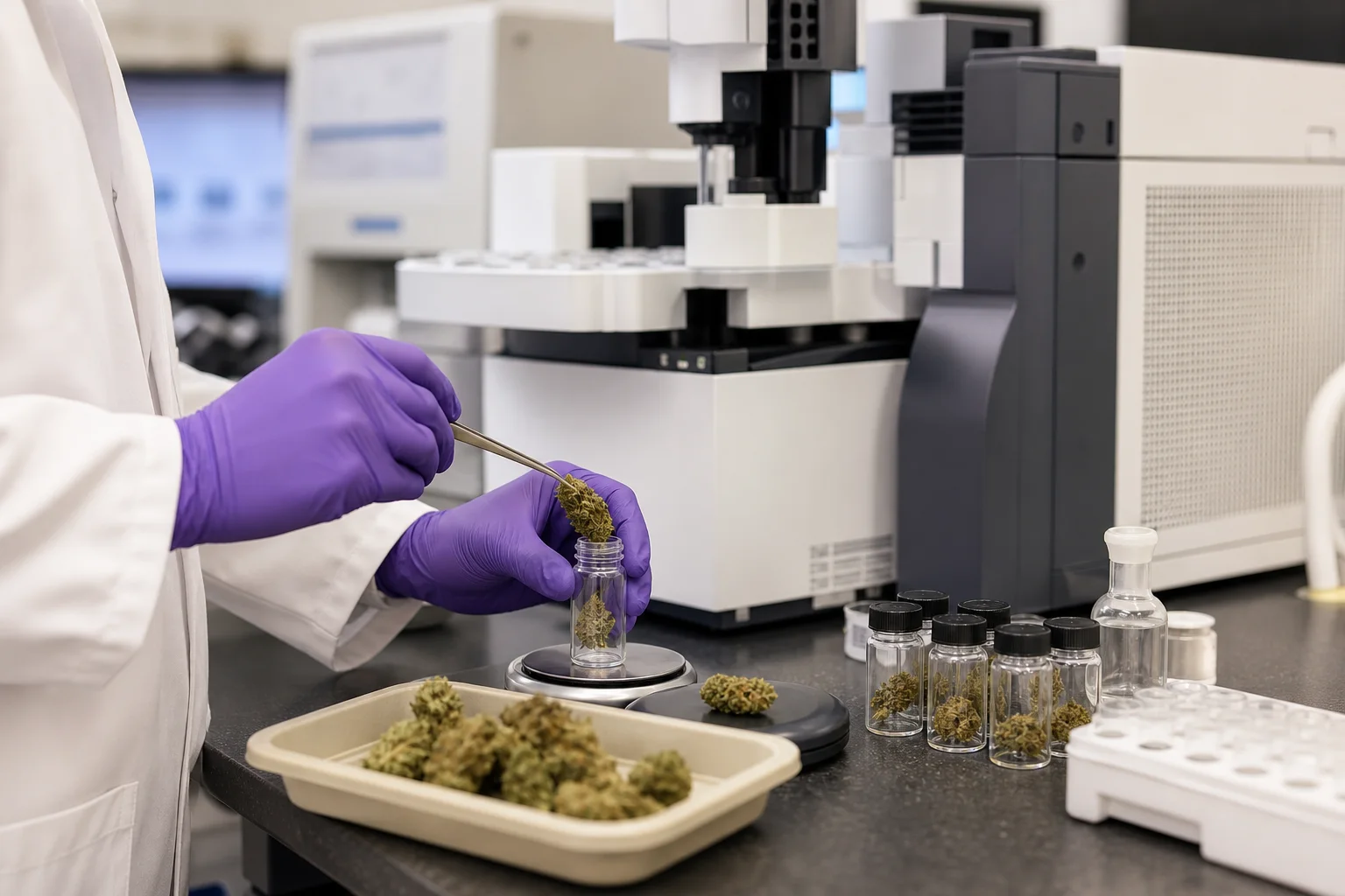 Laboratory context photo of a technician preparing a flower sample for analysis beside an HPLC/GC instrument (no readable screens or certificates).