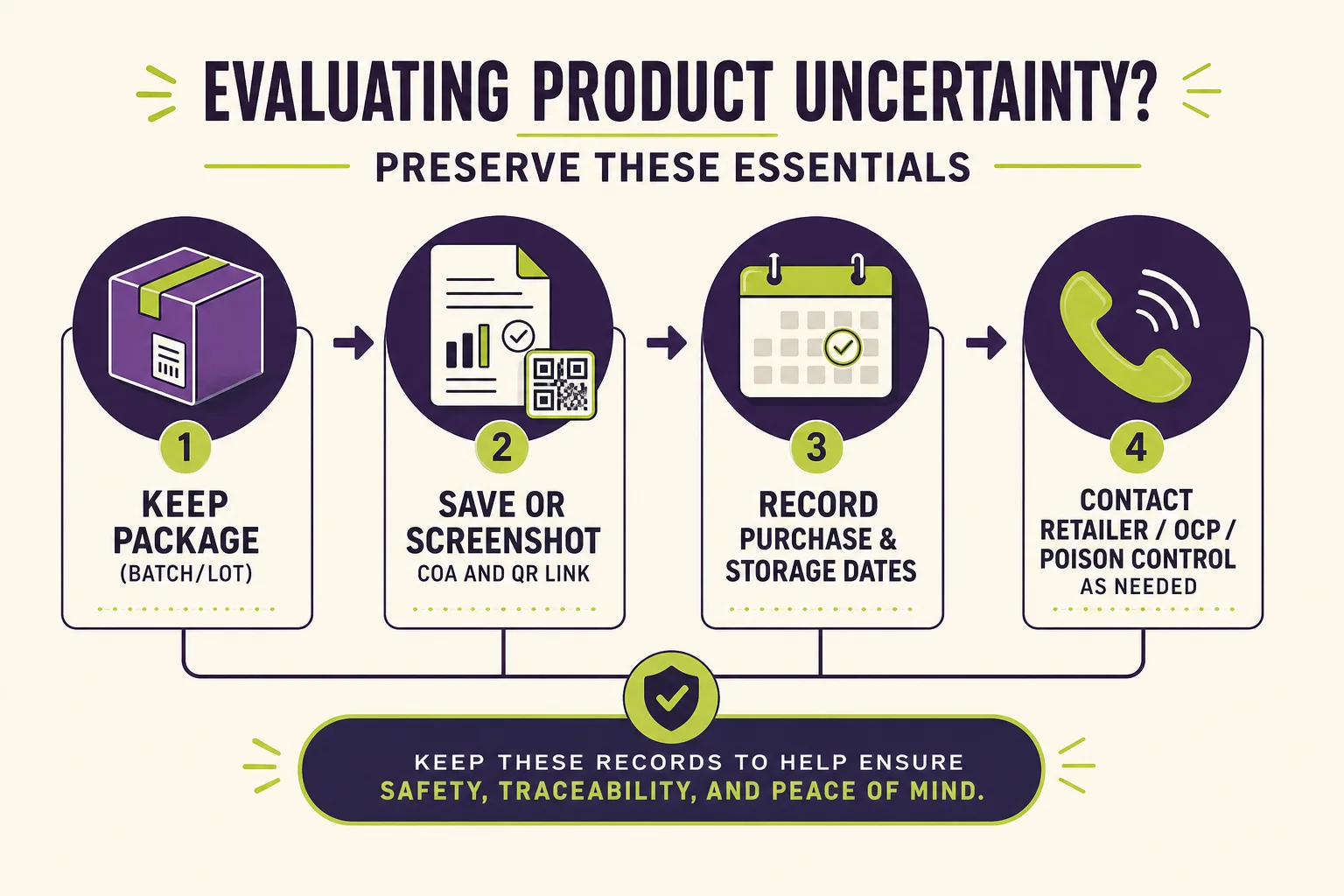 Evidence flowchart illustrating the 'what to keep' checklist: package, COA, purchase date, storage notes.