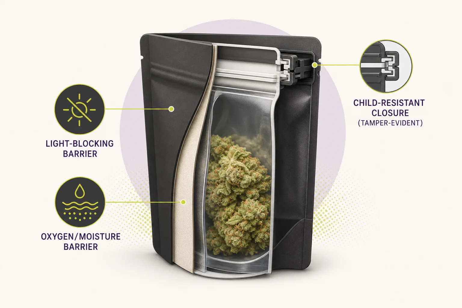 Explanatory illustration of packaging properties: light-blocking barrier, oxygen barrier, and child-resistant closures (diagrammatic, non-branded).