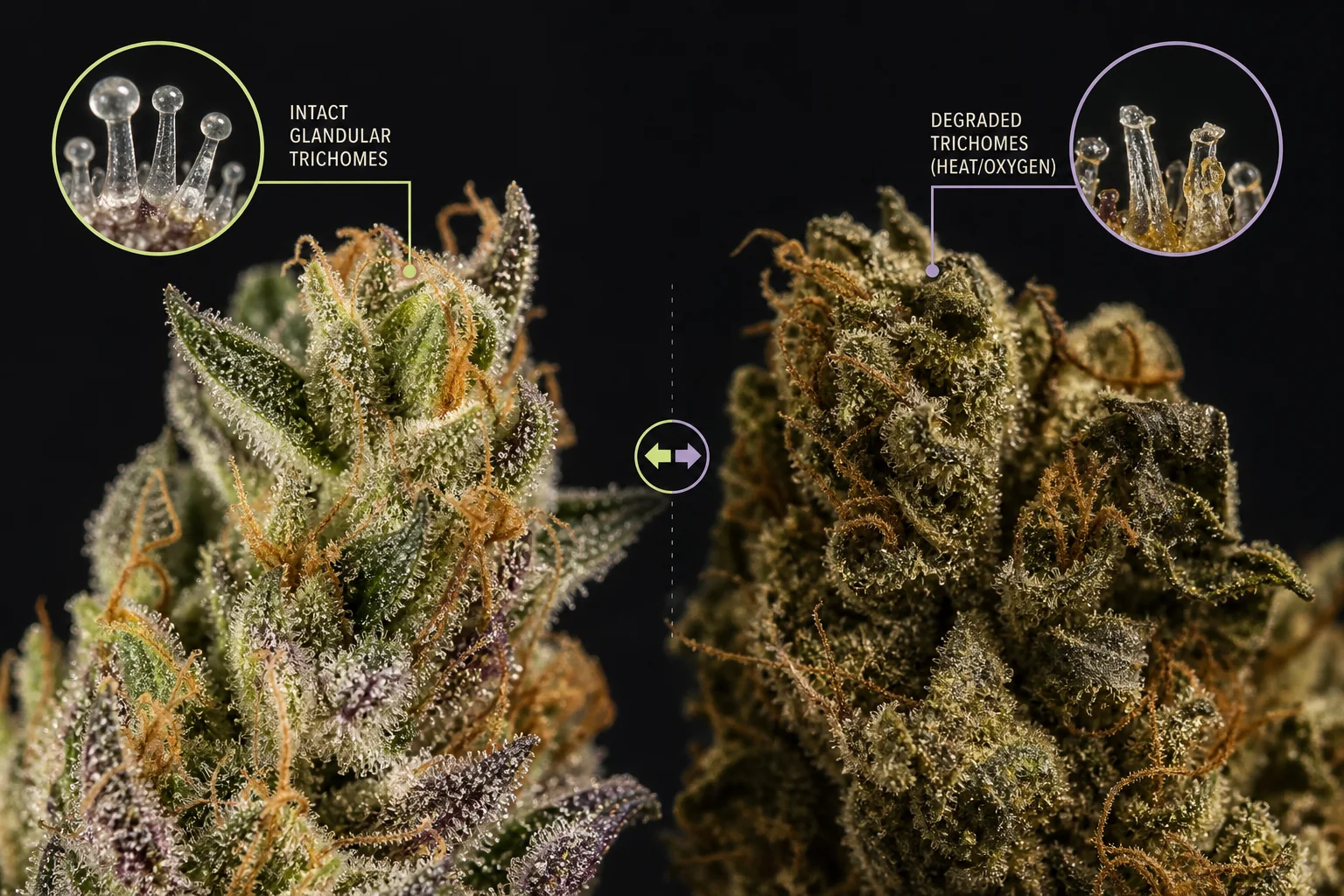Scientific botanical macro: trichome morphology comparison between freshly cured and thermally-degraded plant material (illustrative, schematic overlay).