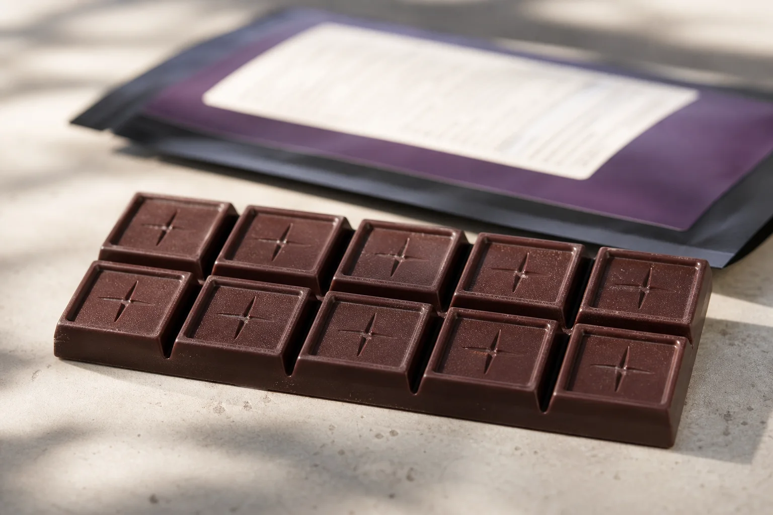 Close-up of a chocolate bar with clearly stamped single-serving squares and a small, neutral marker indicating a cannabinoid serving (no brand names).