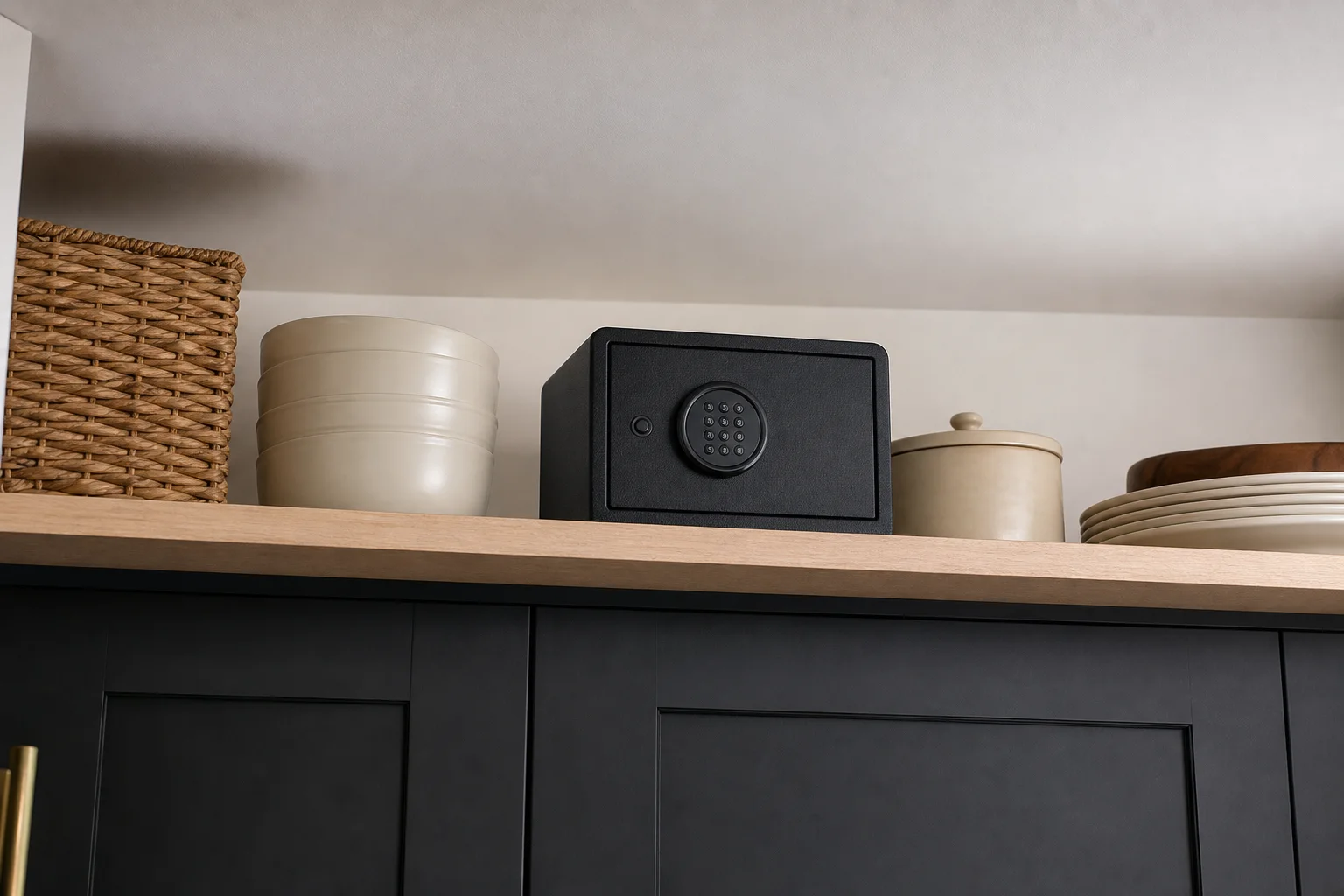 Photograph of a small locked container stored on a high shelf with a household context—keys, medicine cabinet-like setting—demonstrating secure storage practice.