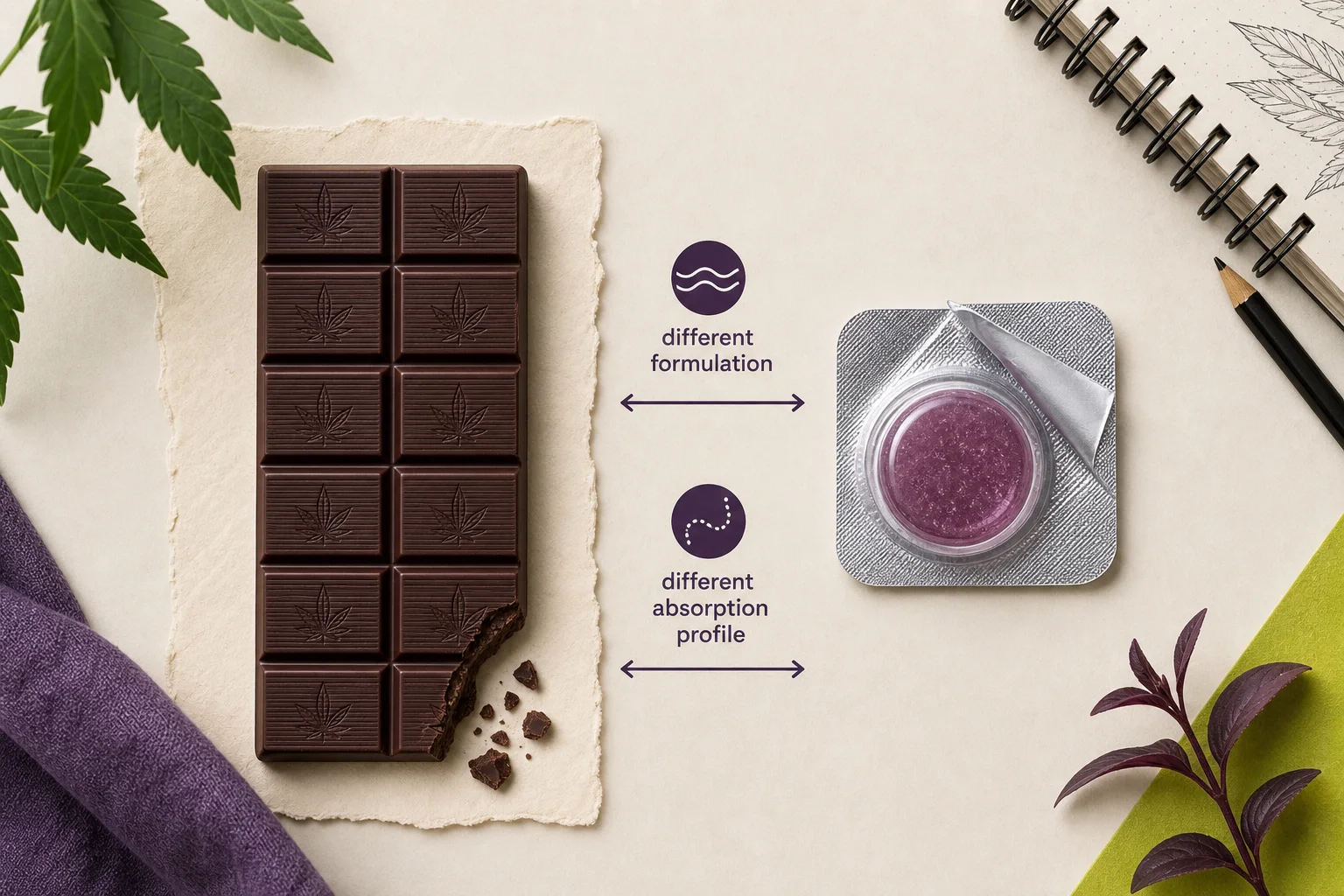 Comparative layout showing two edible formats: standard multi-serving chocolate and a small fast-acting lozenge—with neutral labels and callouts about expected timing differences (no numeric times).