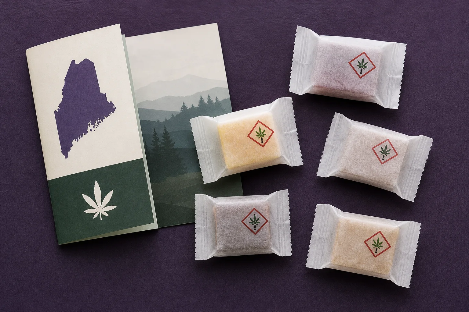 A close-up of individually wrapped edible pieces stamped with a small cannabis universal symbol next to a Maine OCP pamphlet
