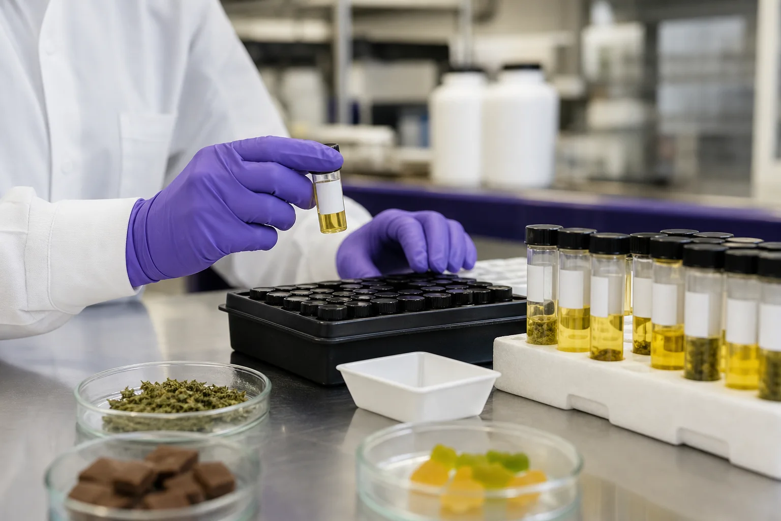 Laboratory bench photograph of a cannabis testing lab analyst preparing samples for potency testing (beakers, labeled tubes, but no instrument readouts visible)