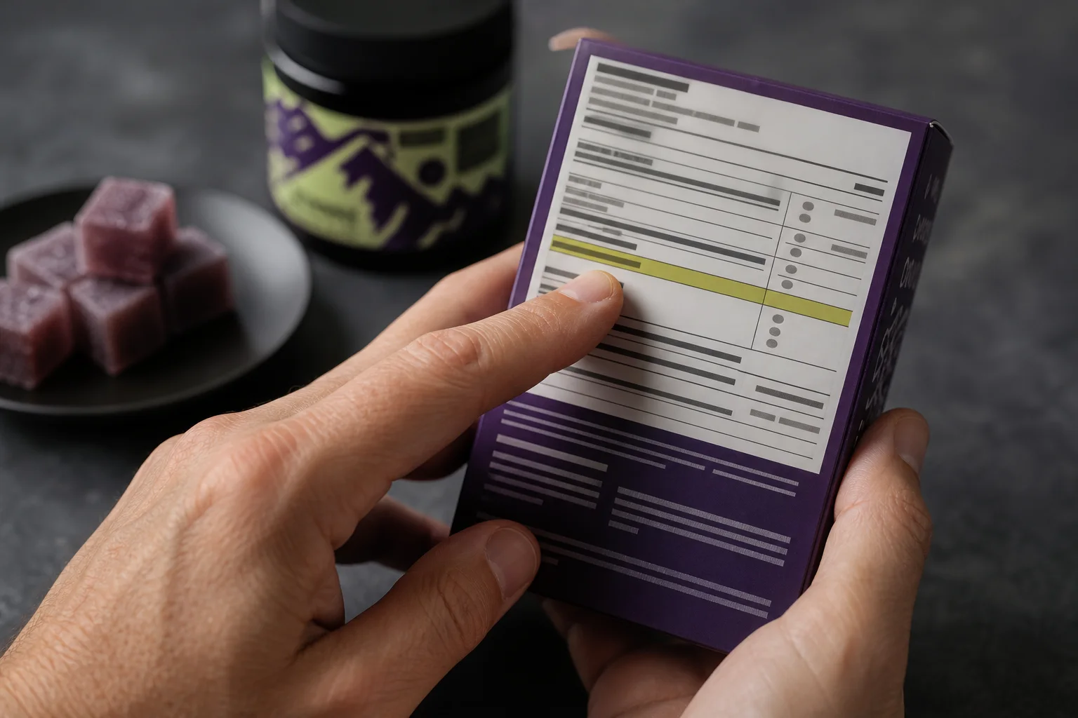 Photograph of a hands-on label inspection: a person pointing to ‘mg THC per serving’ and number-of-servings language on an opaque package