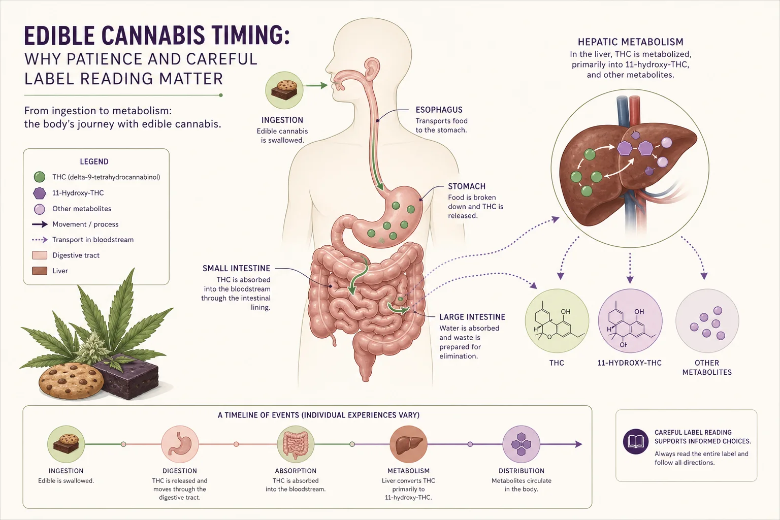 Scientific diagram of oral THC pharmacokinetics showing digestion, liver conversion to 11-hydroxy-THC, and variable timelines