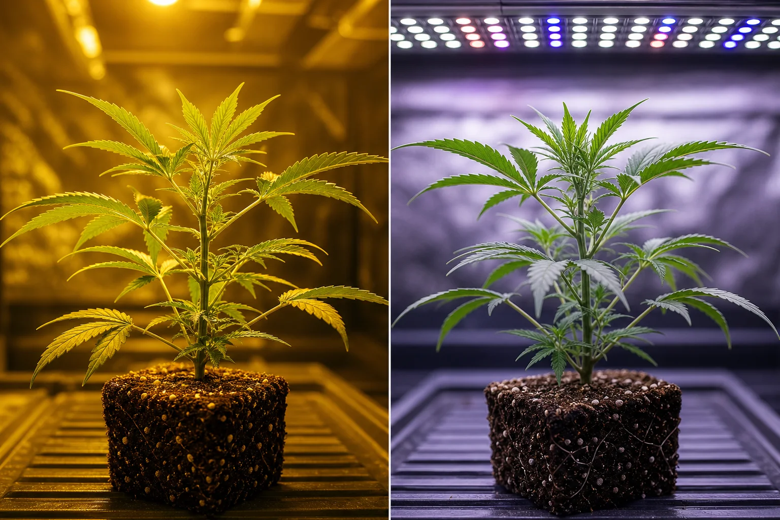 Macro botanical comparison: two same-genotype cuttings grown in different light and feed regimes, labeled only by conditions (no strain names).