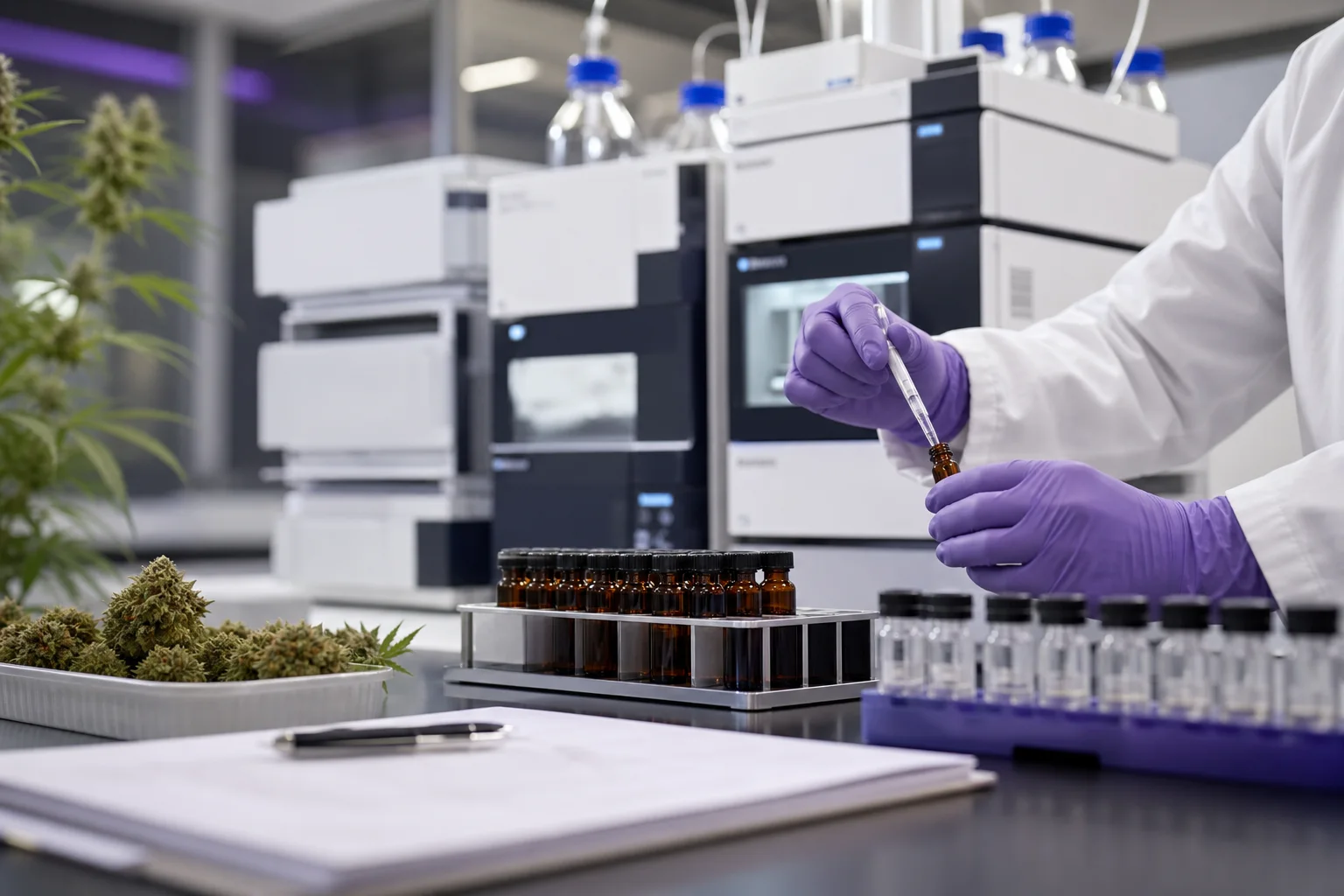 Laboratory scene showing vials and HPLC column in a certified testing lab; labels intentionally blurred to avoid readable data.