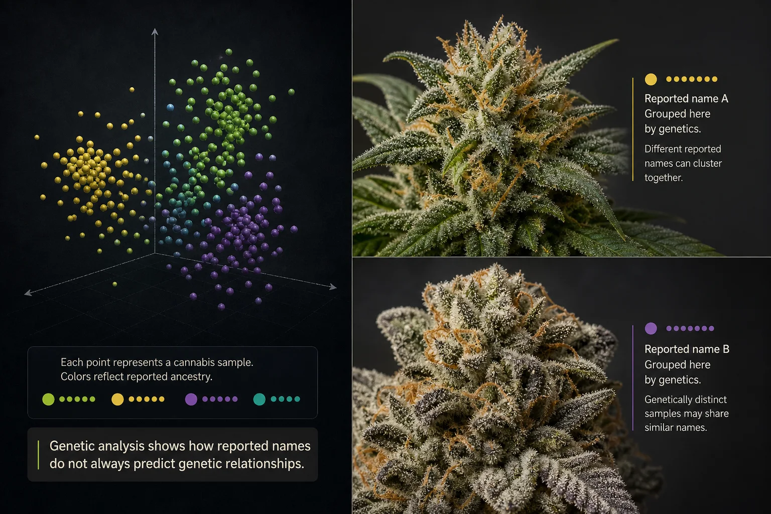Split-panel scientific illustration: left side, a PCA-style scatter of cannabis samples (dots colored by reported ancestry); right side, photographic close-ups of two different labeled samples with distinct bud morphology.