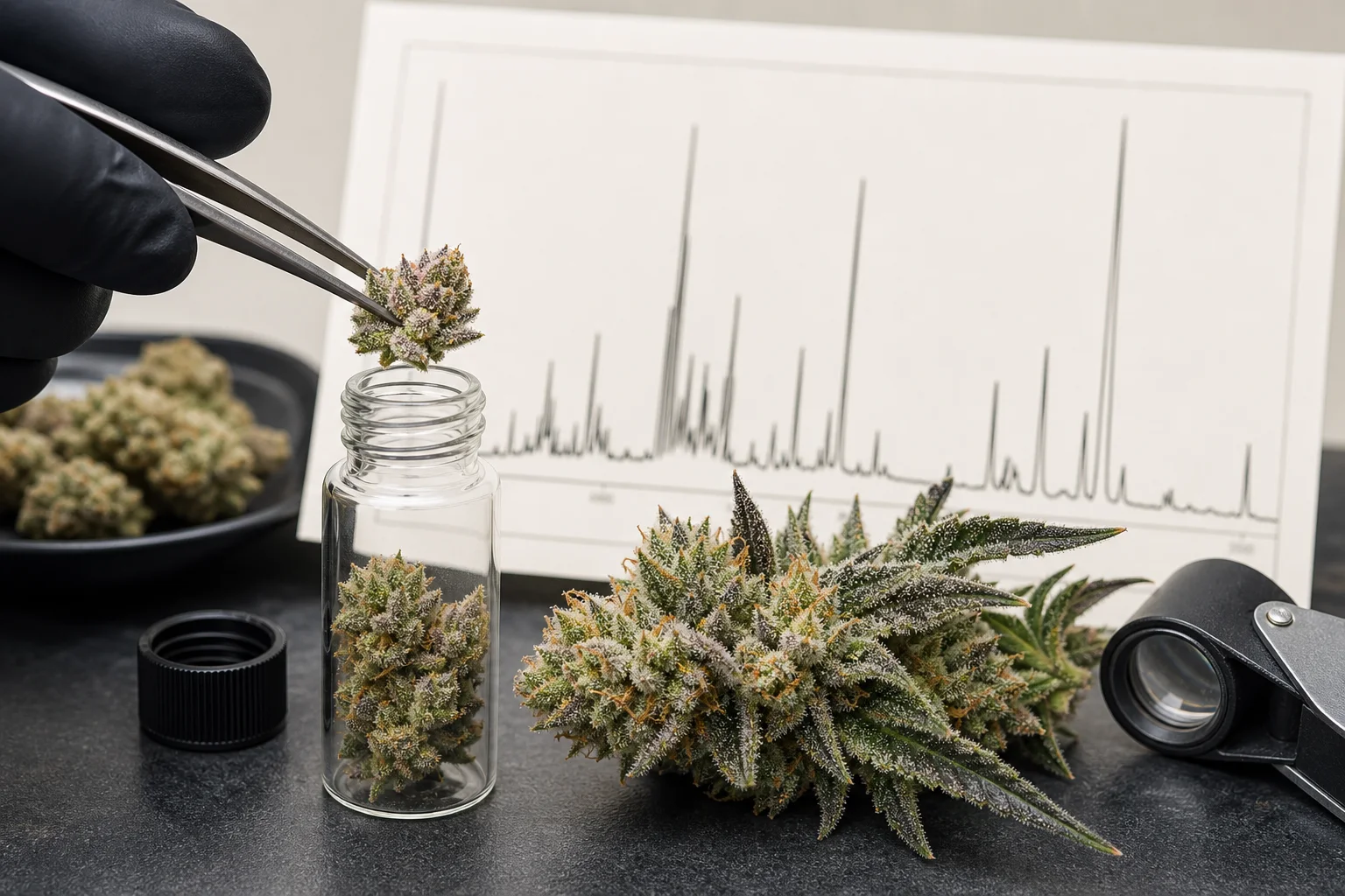 Macro photo of a fresh cannabis flower with visible glandular trichomes, alongside a lab vial and GC chromatogram printout.