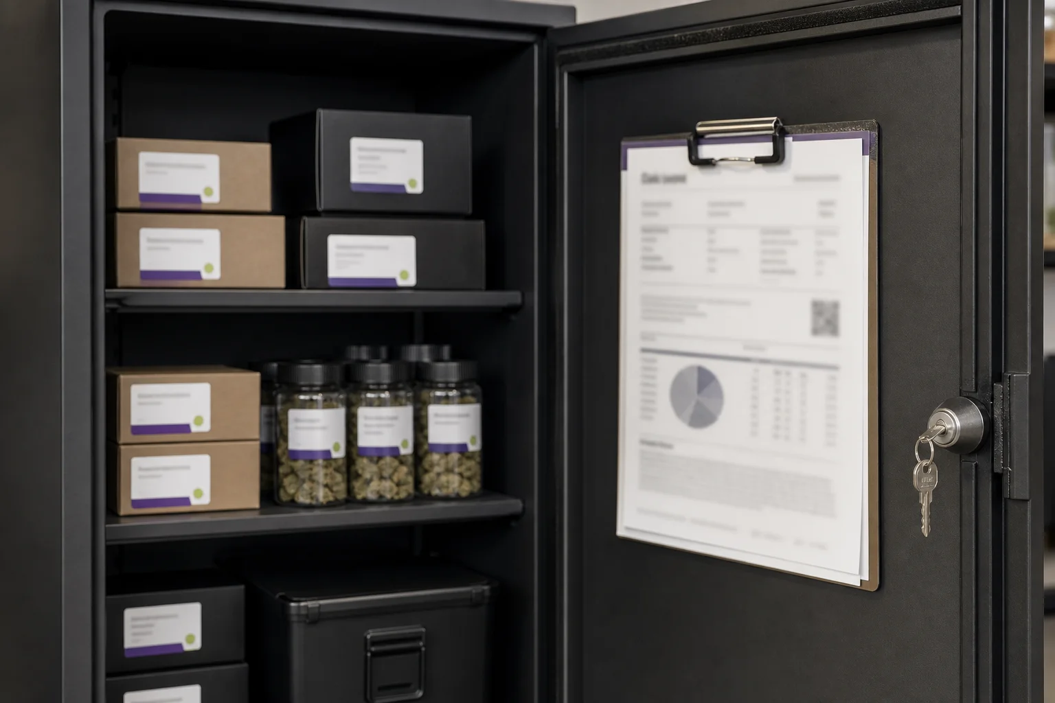 Photograph of a locked storage cabinet and labeled sample lots, with a copy of a COA tucked beside the box.