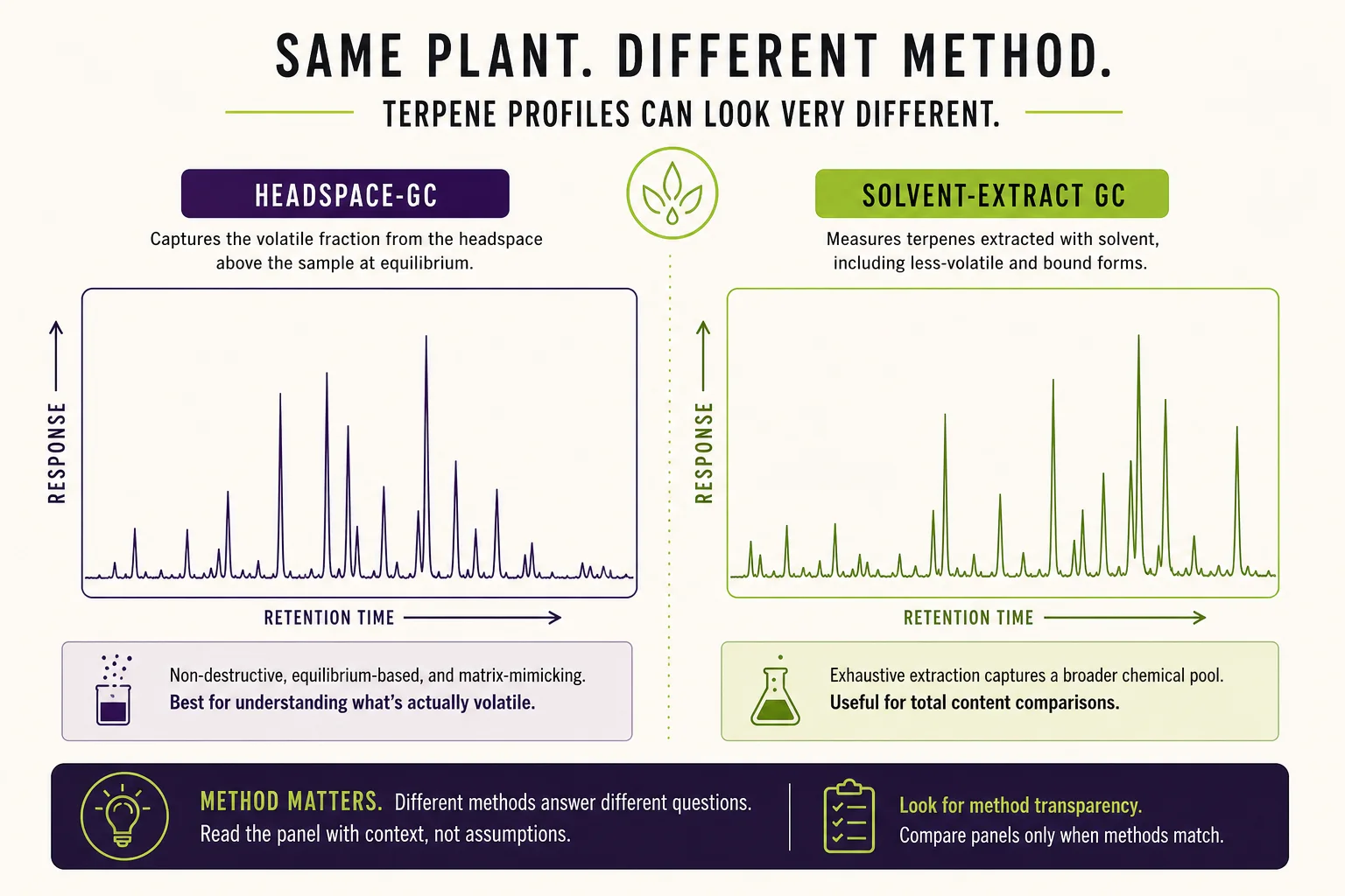 Side-by-side schematic chromatograms showing how different sample prep can change relative terpene peak heights.