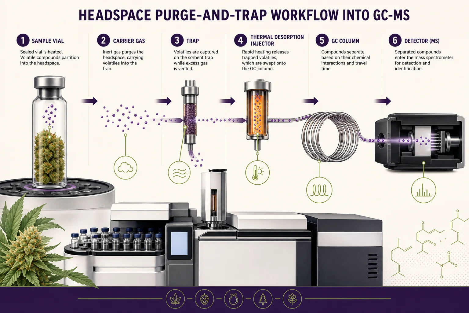 Illustrated diagram of headspace sampling and purge-and-trap workflow used in terpene analysis.