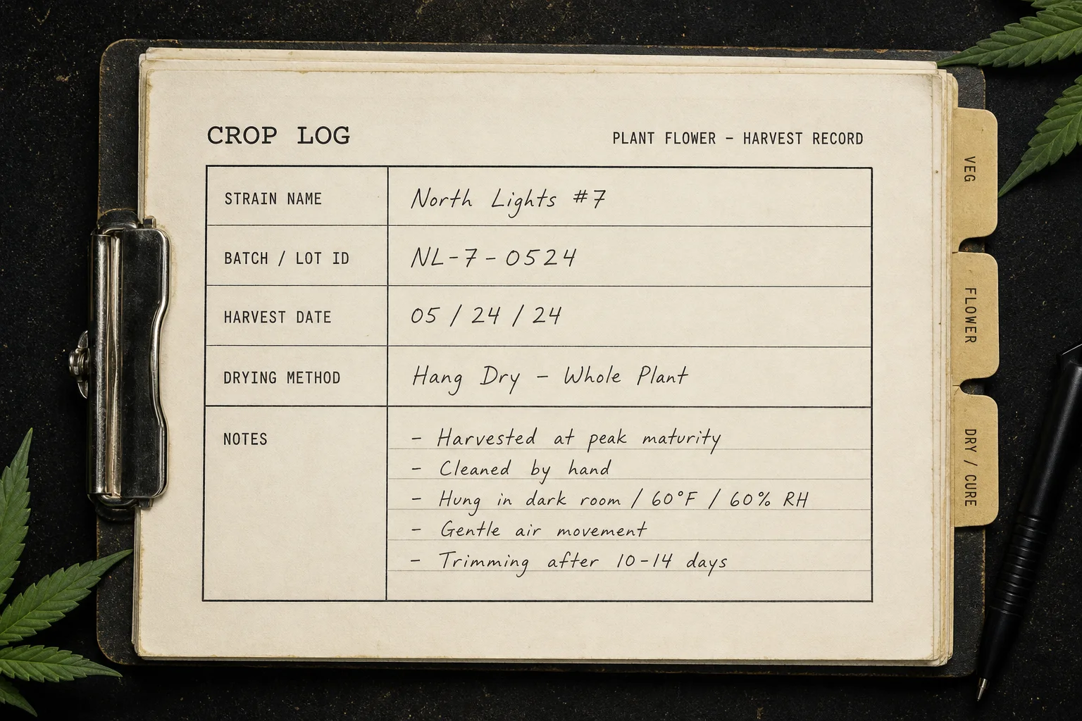 A scanned crop log sheet entry (anonymized) showing harvest date, drying notes, and batch ID.