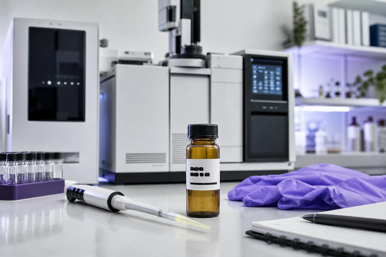 Laboratory bench photo of an instrument and a sample vial with an anonymized label.