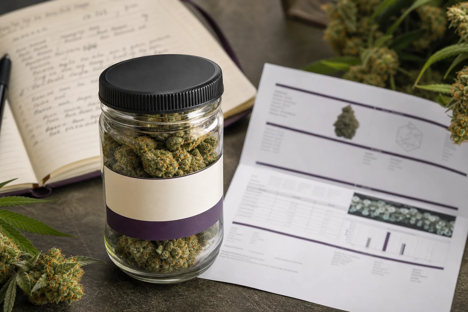 Macro photograph of a labeled cannabis jar next to a COA and a grower’s notebook (documentary-style, non-branded).