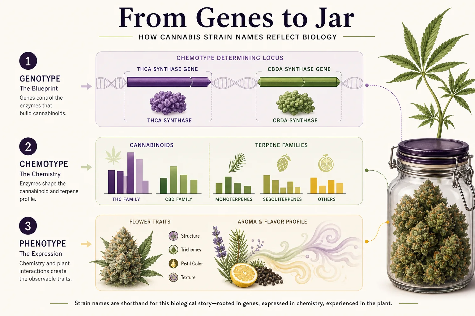 Illustrated diagram showing genotype → chemotype → phenotype relationships for cannabinoids and terpenes.