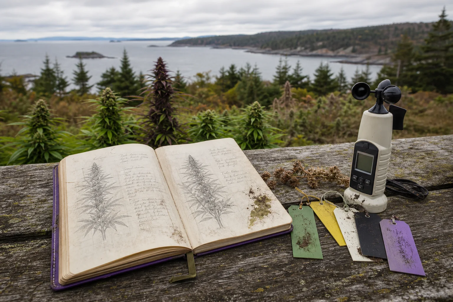 Open field notebook with plant tags and a handheld weather logger on a wooden bench, Maine landscape blurred behind; overcast daylight.