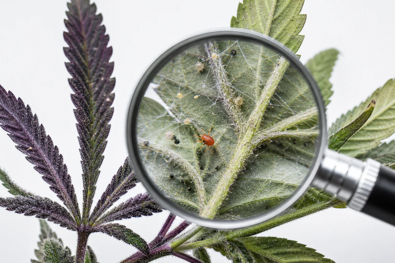 Macro of cannabis leaf undersides showing fine spider mite webbing and a predatory mite, high-detail insect photography for pest identification.