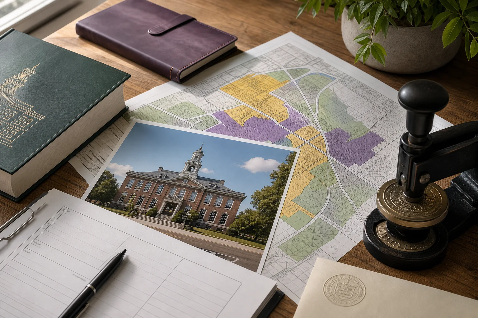 Overhead editorial shot of a Maine town hall plan and zoning map next to an official-looking form and a wooden town seal embossing press; natural window light, no readable text.