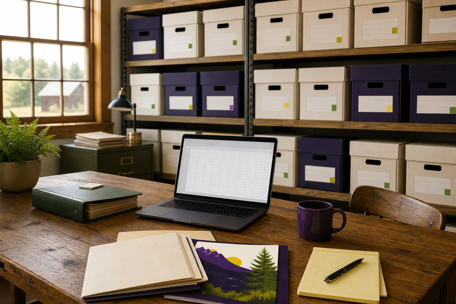 Farm office with boxes and a laptop open to a spreadsheet beside an OCP guidance folder, natural light.