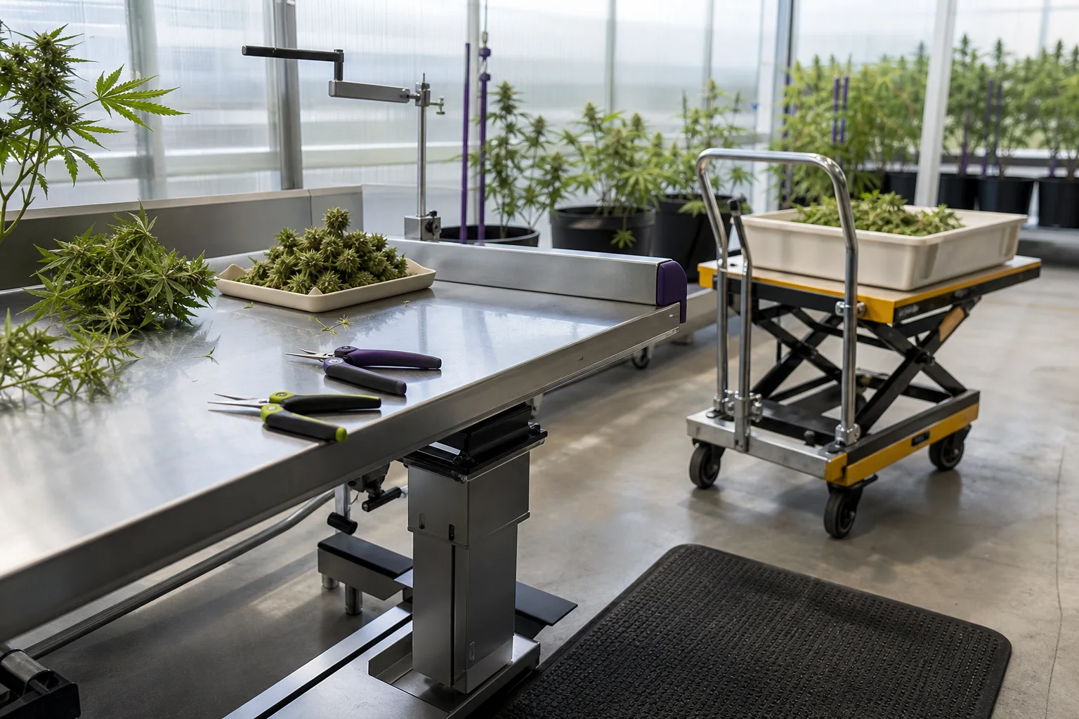 An ergonomic greenhouse workstation: adjustable metal bench, anti‑fatigue mat, different trim‑tool grips and a small mechanical lift trolley under natural diffuse light.