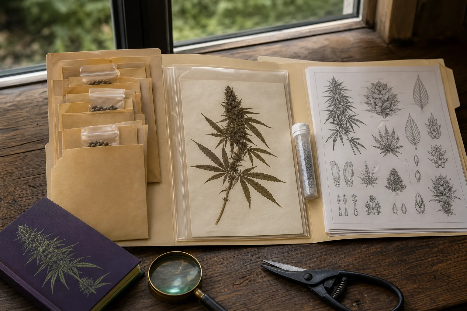 An accession folder with labeled seed envelopes, pressed cannabis specimen, silica tube, and a USDA descriptor sheet — tools for accessioning cultivars.