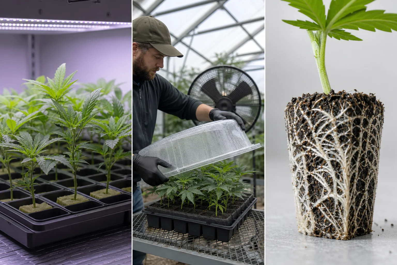 Three photographs: cannabis cuttings under LED propagation lights in a tray; a grower removing a humidity dome from rooted clones in a greenhouse; close-up of fine white root hairs in a clear propagation plug.