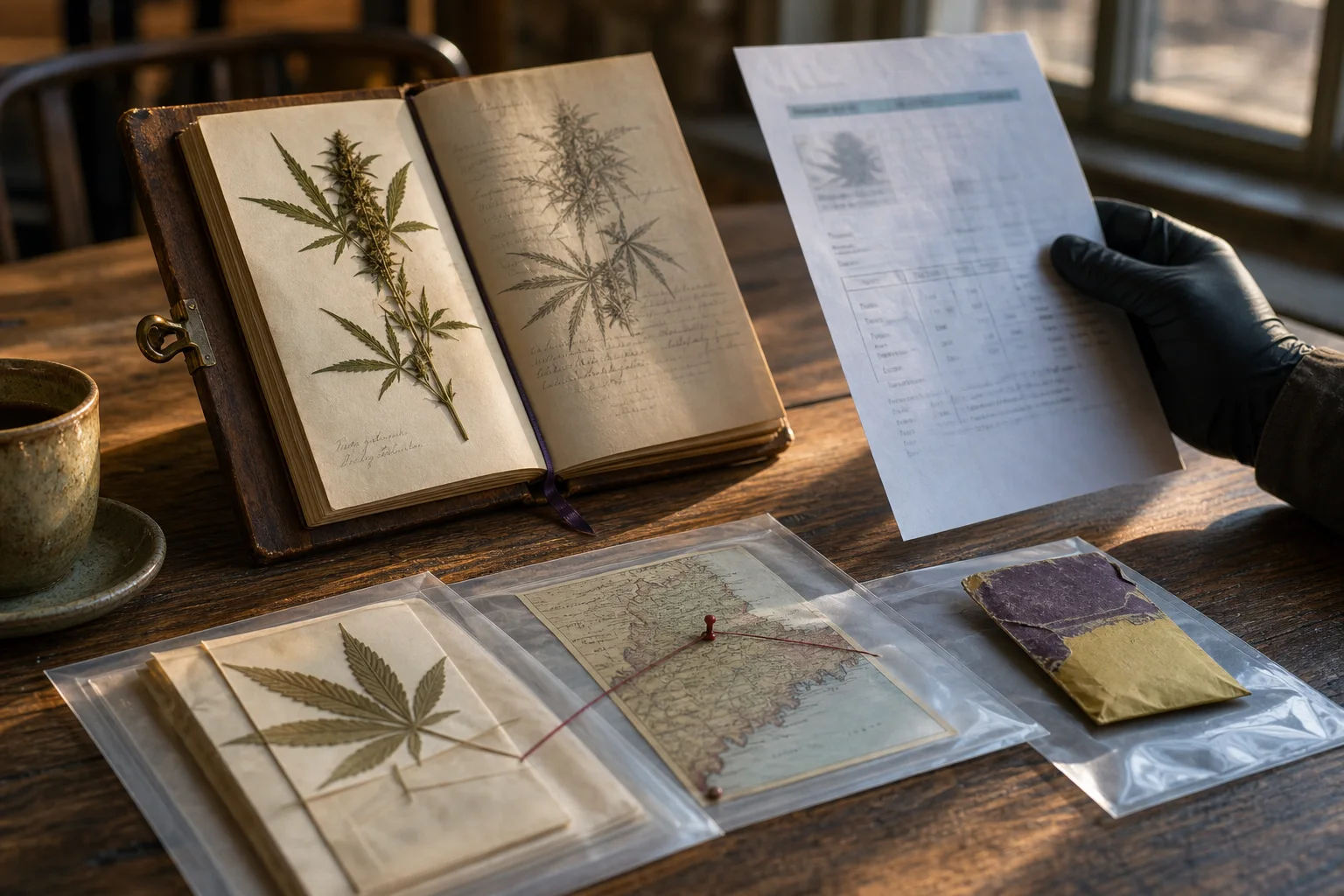 Open field ledger beside archival sleeves, a blurred COA, seed packet and small Maine map—sunlit, warm tones, no readable text.