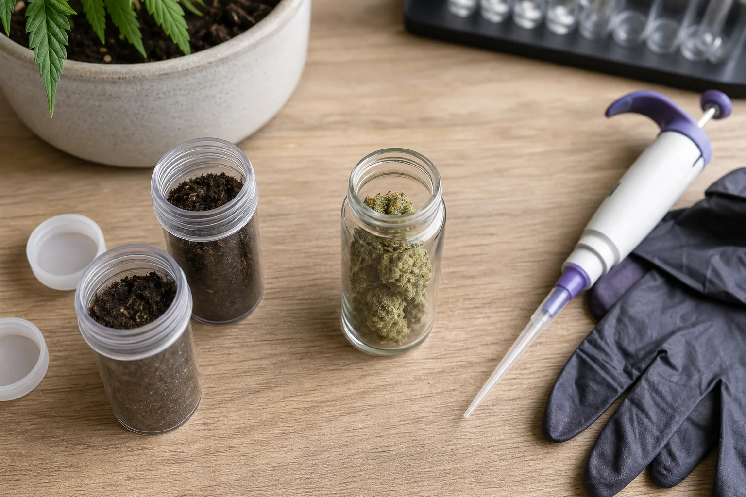 Overhead editorial shot: soil sample vials, dried cannabis flower in a clear vial, and lab pipette on a wooden bench—objects arranged for testing and analysis.