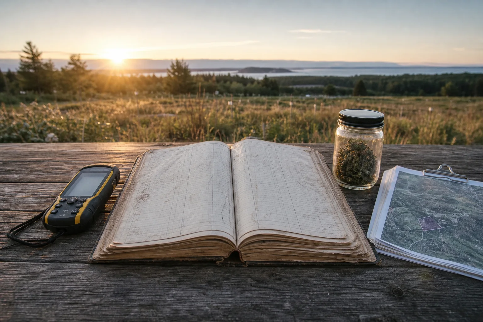 Open farm ledger on wooden bench beside GPS unit, labeled sample jar, and a clipped field map polygon — sunrise light, documentary style.