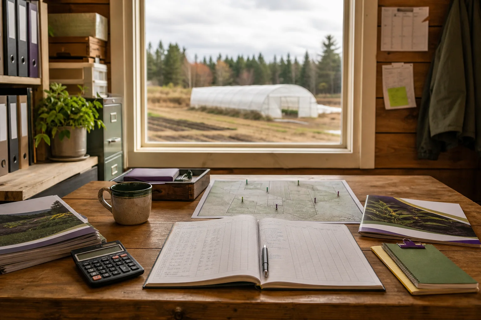 A farm office desk with ledger, paperwork and a simple field map representing licensing, acreage planning and farm finance for a Maine grower; no readable text or people.