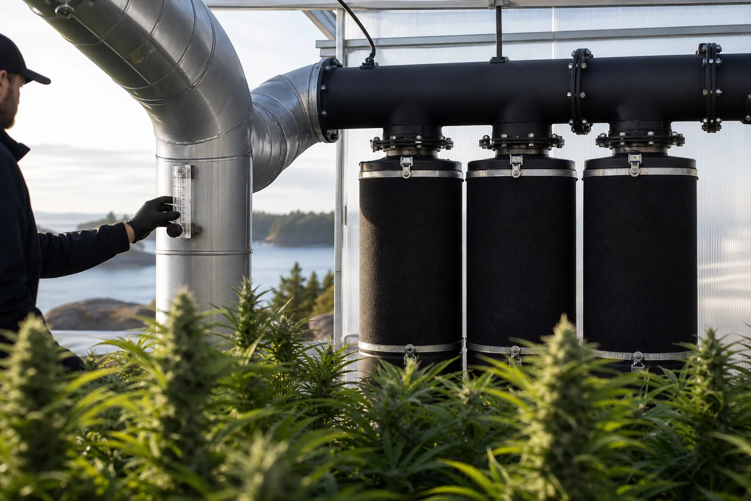 Greenhouse exhaust with activated carbon canisters and a flow meter beside out-of-focus trimmed cannabis canopy.
