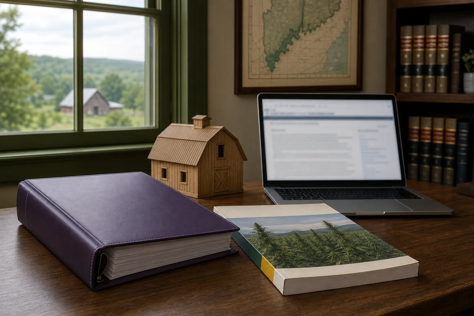 Desk with insurance binder, RMA hemp insurance handbook, laptop showing Maine statute page (blurred), and a barn model.