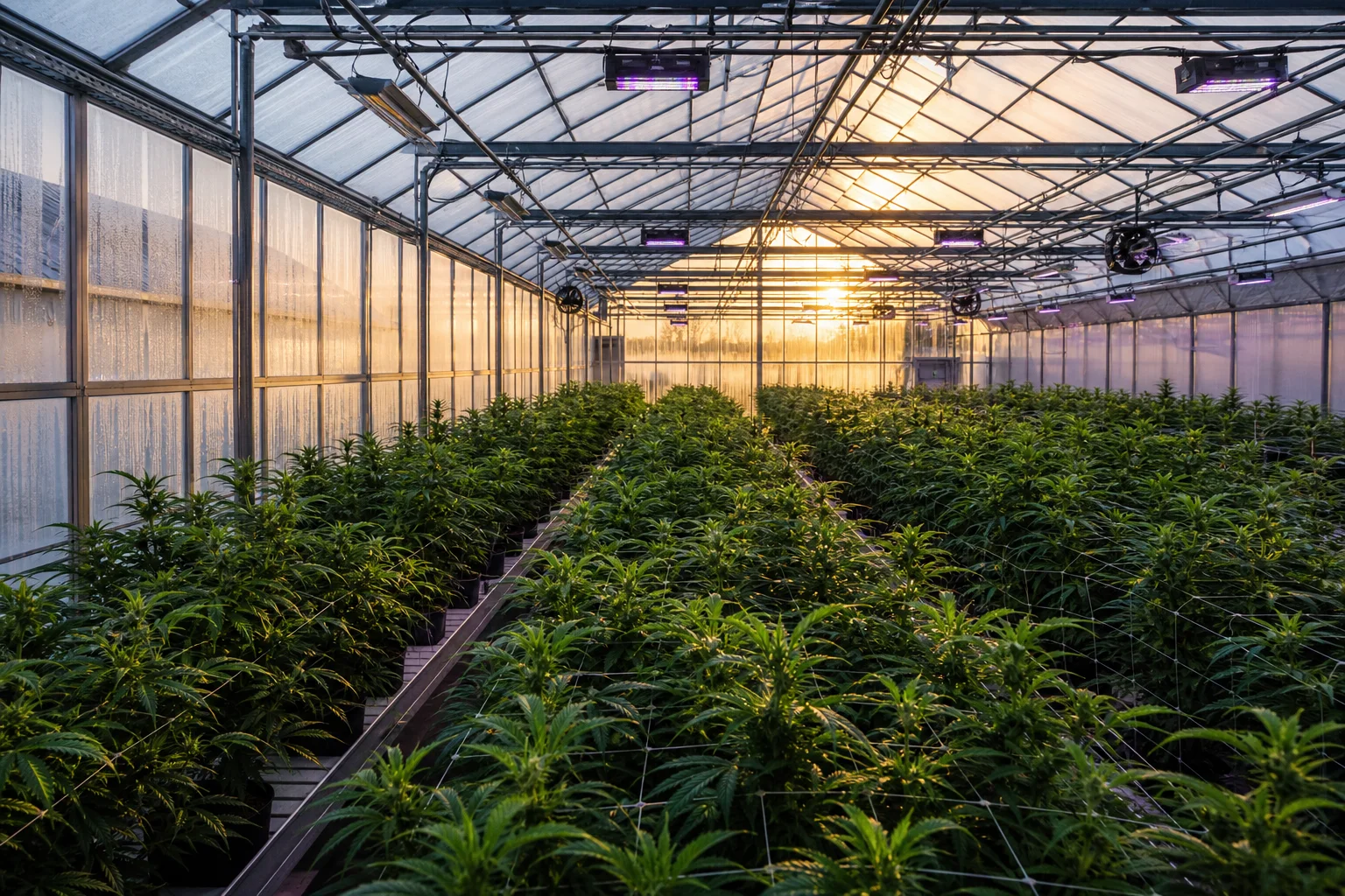 Interior view of a mixed‑light greenhouse with supplemental LED lights and translucent roof, rows of plants and condensation on panels.